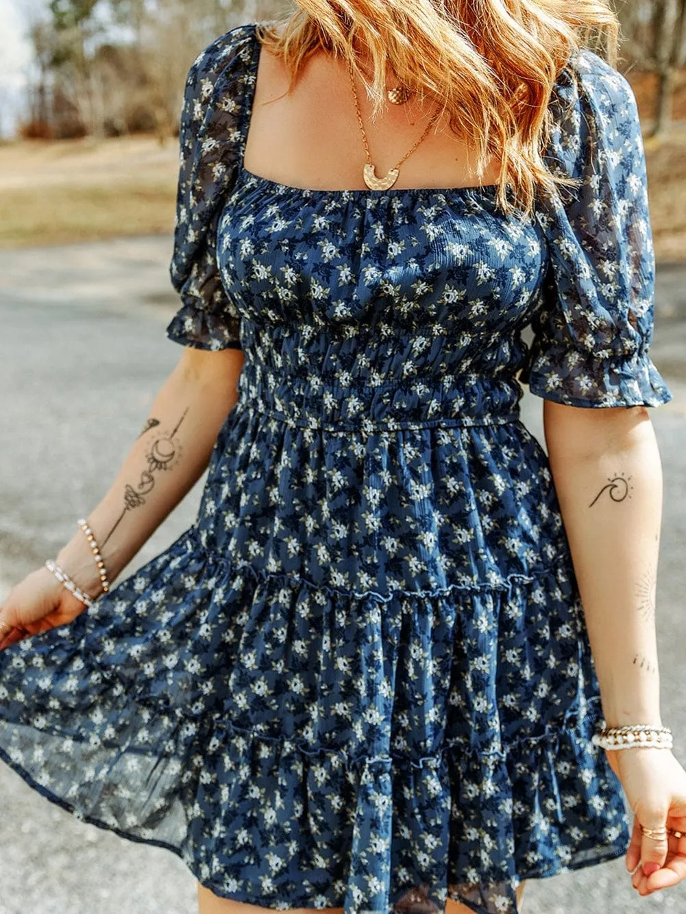 Blue Floral Print Smocked Ruffle Tiered Mini Dress