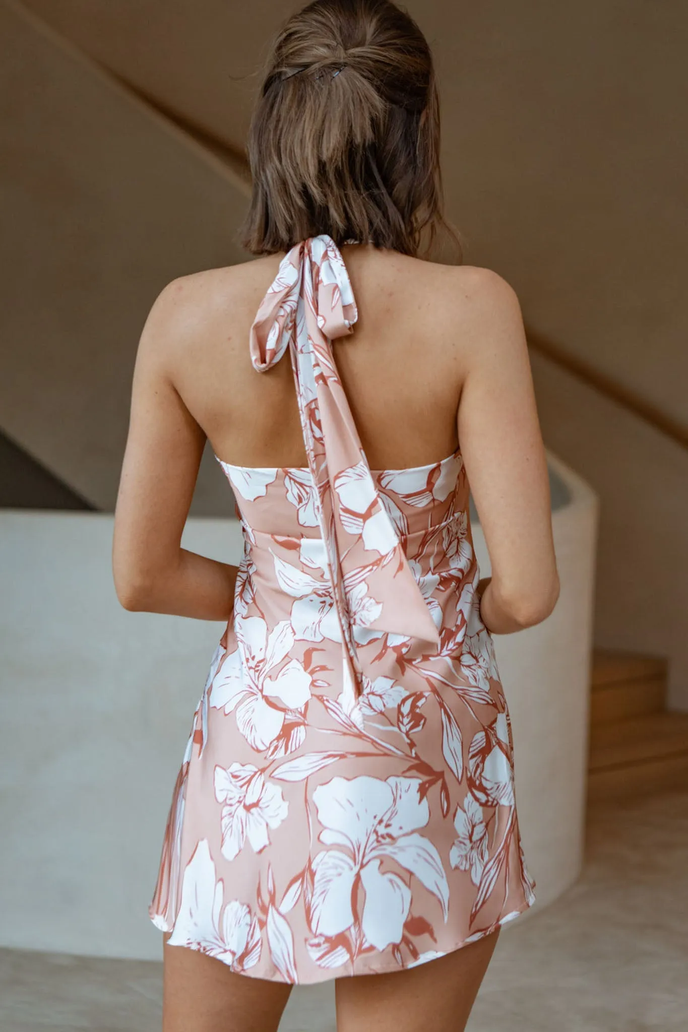 Champagne Showers Halterneck Slip Mini Dress Hibiscus Print Peach
