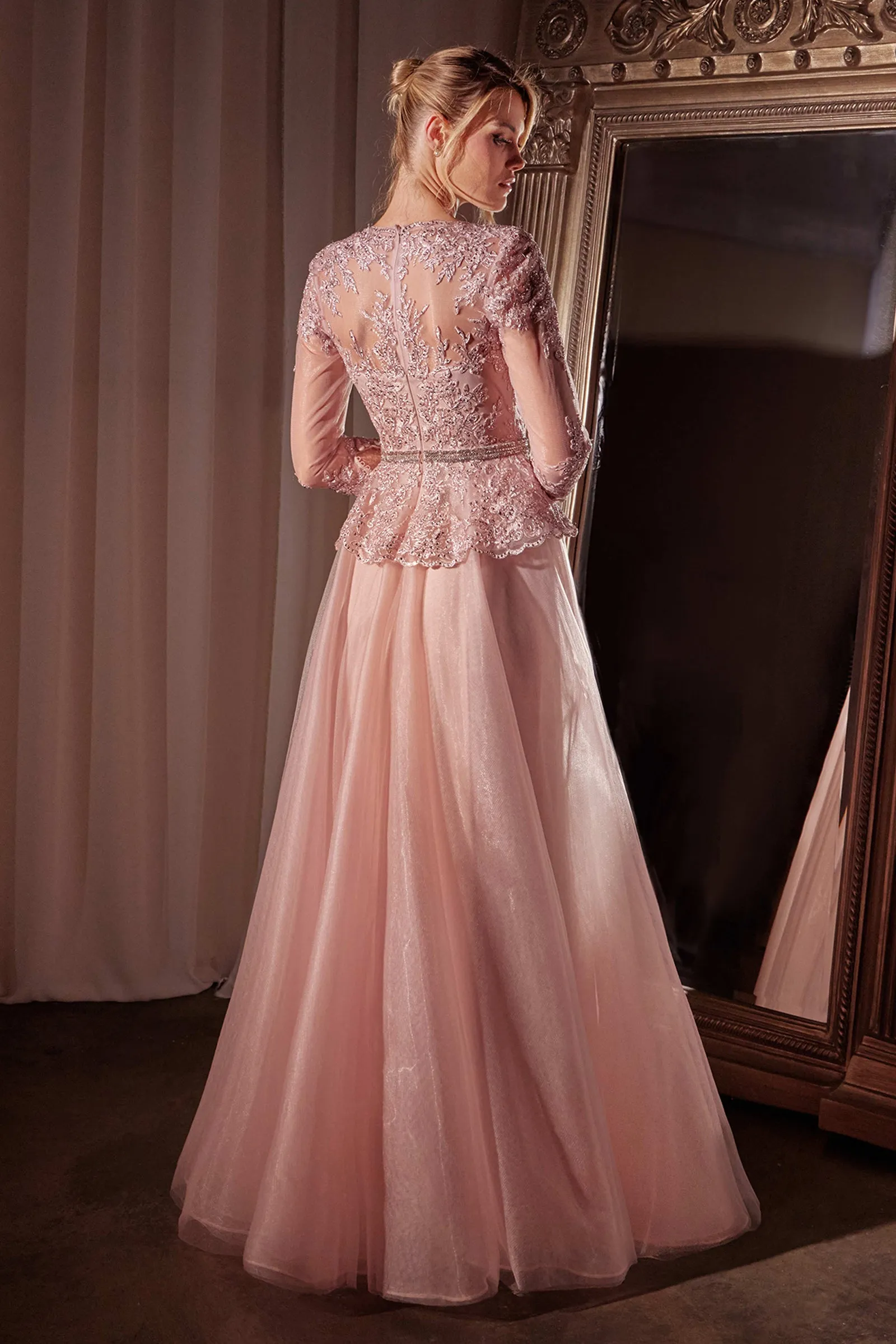 CINDERELLA DIVINE CD789 Three Quarter Sleeve Lace & Tulle A-Line Dress
