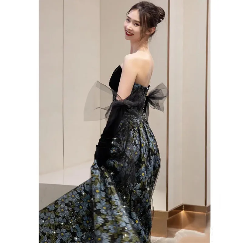 Elegant Black and Blue Floral Strapless Ball Gown with Sheer Gloves