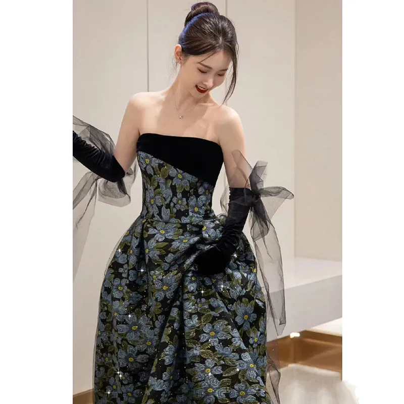 Elegant Black and Blue Floral Strapless Ball Gown with Sheer Gloves