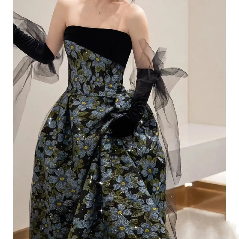 Elegant Black and Blue Floral Strapless Ball Gown with Sheer Gloves