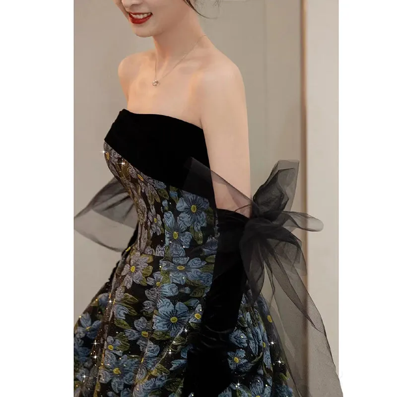 Elegant Black and Blue Floral Strapless Ball Gown with Sheer Gloves