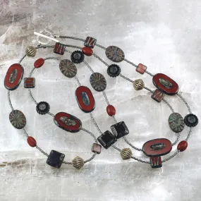 Long Red and Slate Blue Czech Glass Bead Necklace