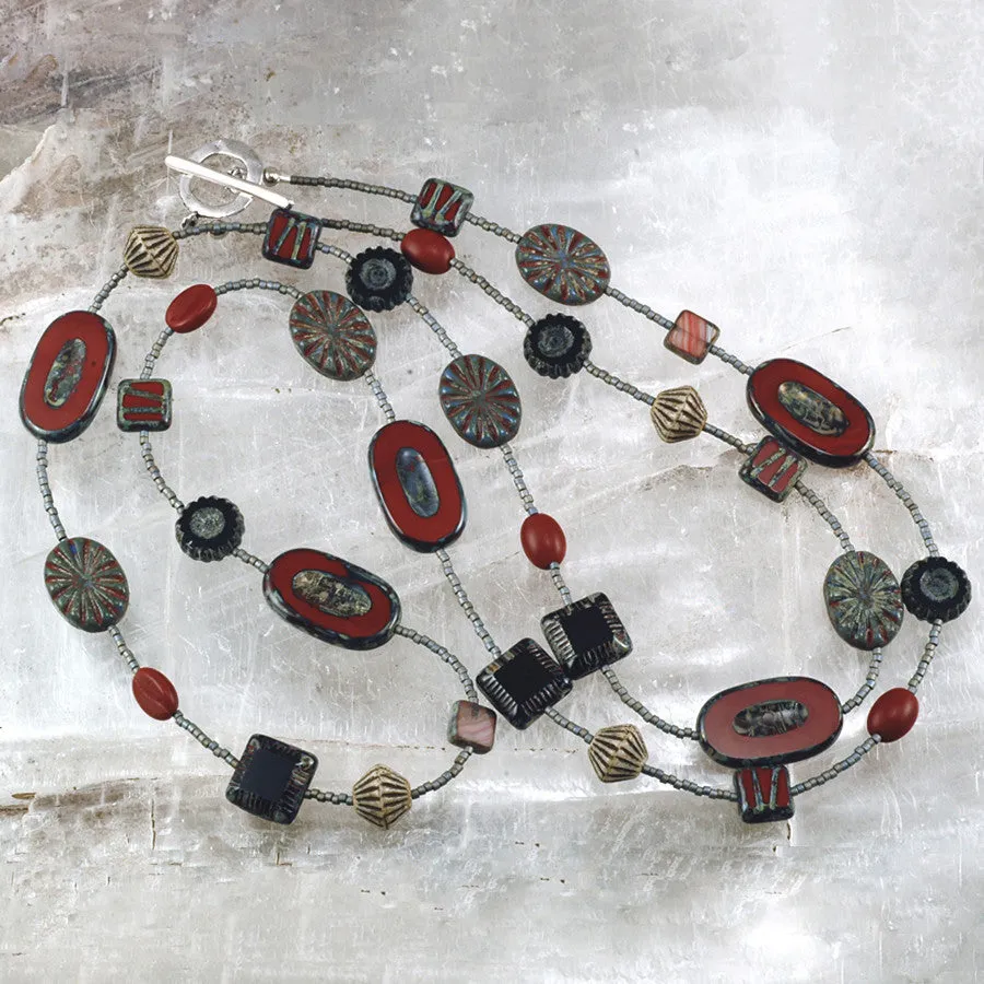 Long Red and Slate Blue Czech Glass Bead Necklace