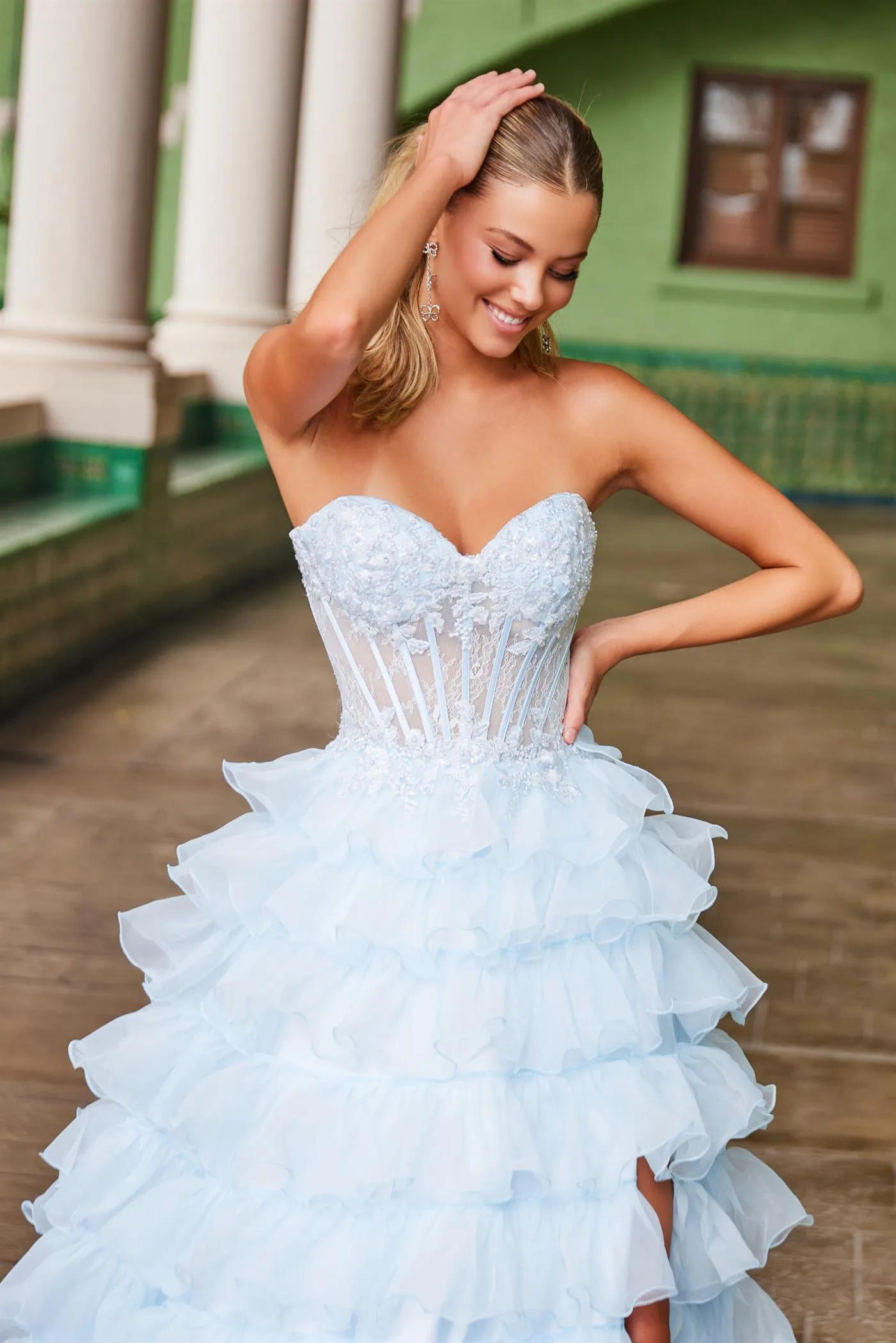 Nox Anabel R1688 Lace Corset Ruffle A Line Prom Dress Maxi Slit Layered ballgown Formal Strapless