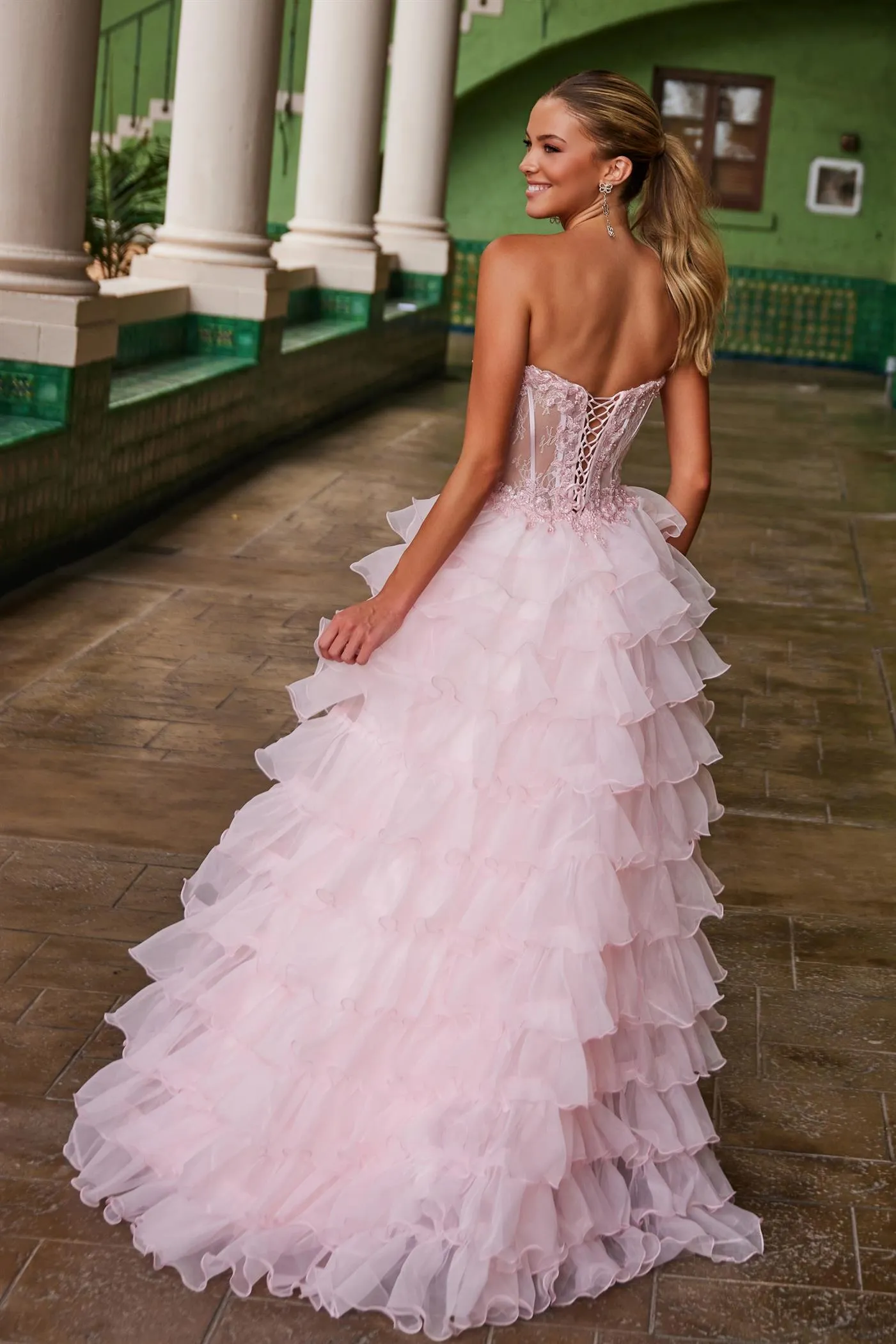 Nox Anabel R1688 Lace Corset Ruffle A Line Prom Dress Maxi Slit Layered ballgown Formal Strapless