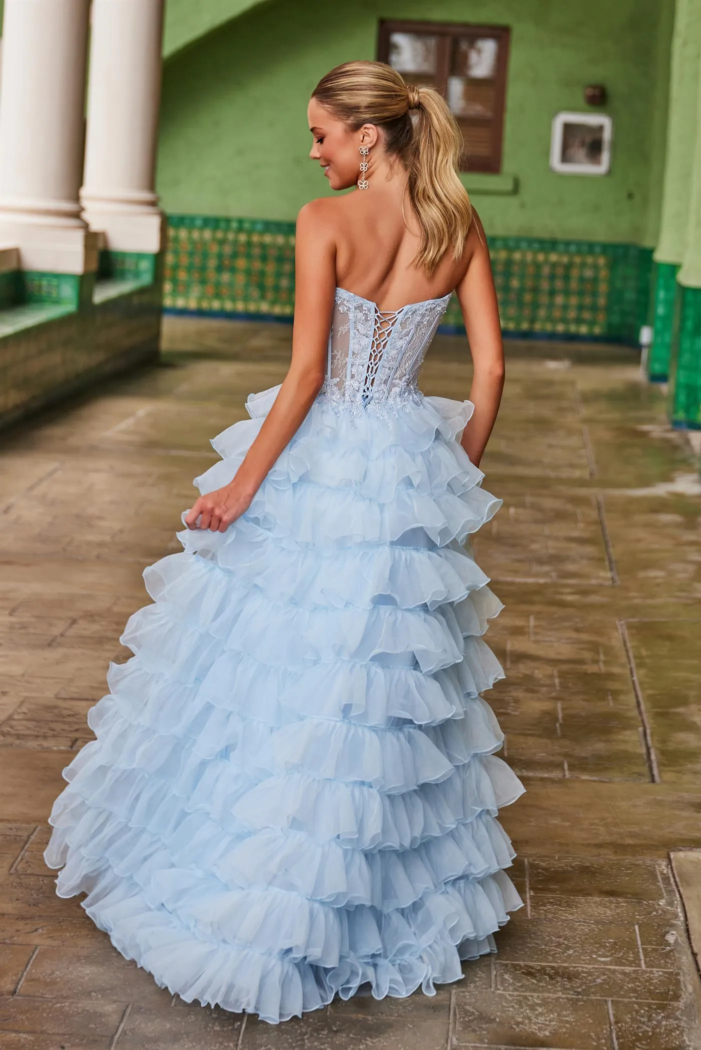 Nox Anabel R1688 Lace Corset Ruffle A Line Prom Dress Maxi Slit Layered ballgown Formal Strapless