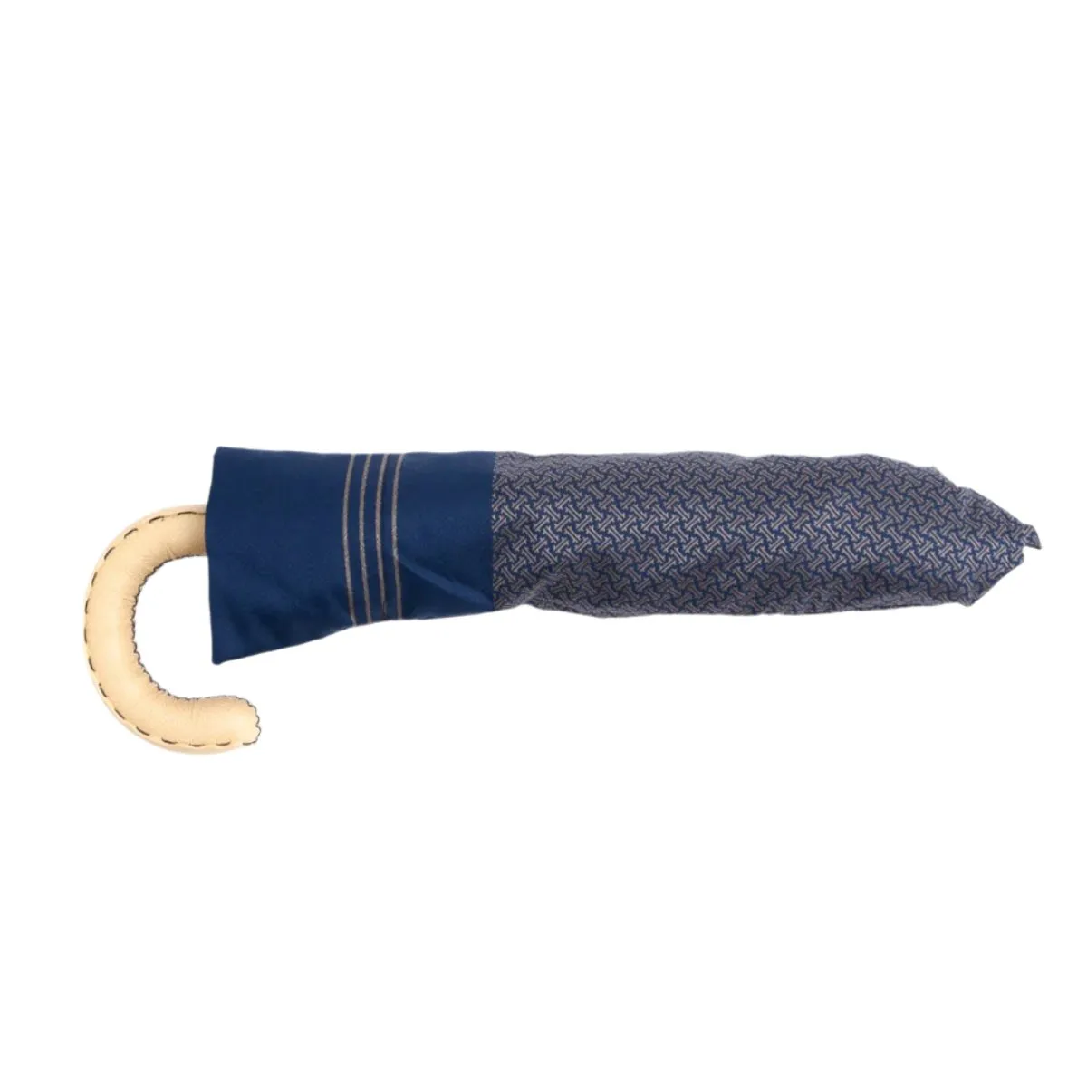 Patterned Navy Travel Umbrella with Leather Handle