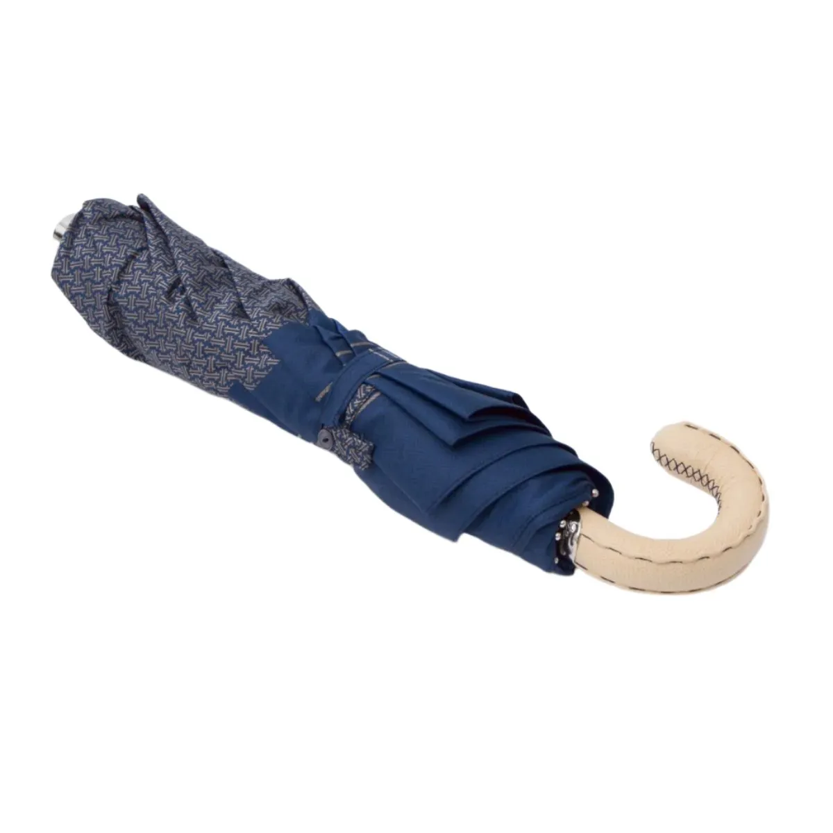 Patterned Navy Travel Umbrella with Leather Handle