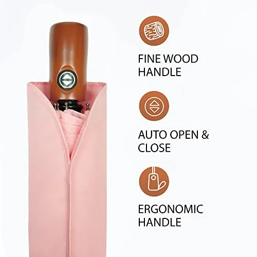 Pink Compact Travel Umbrella - Windproof Automatic - Women