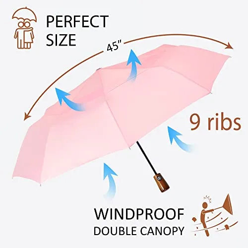Pink Compact Travel Umbrella - Windproof Automatic - Women