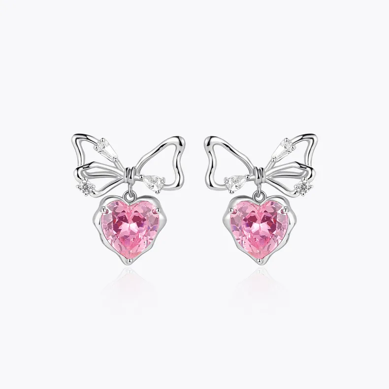 Pink Crystal Bowknot Heart Dangle Earrings