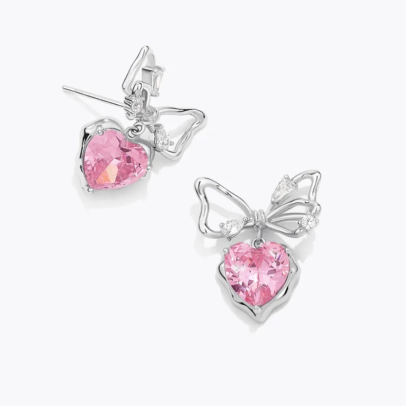 Pink Crystal Bowknot Heart Dangle Earrings