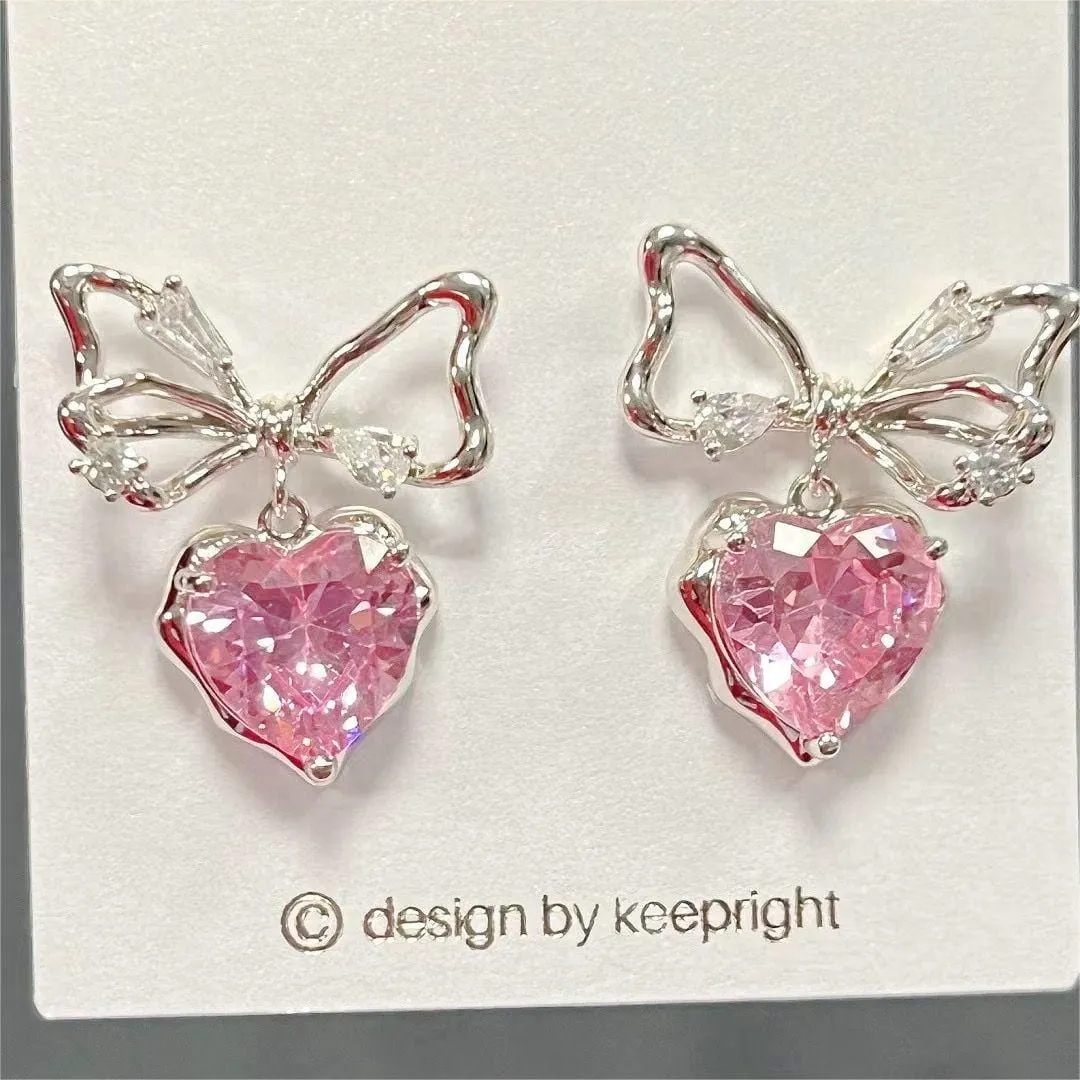 Pink Crystal Bowknot Heart Dangle Earrings