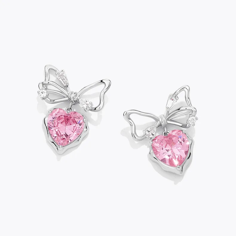 Pink Crystal Bowknot Heart Dangle Earrings