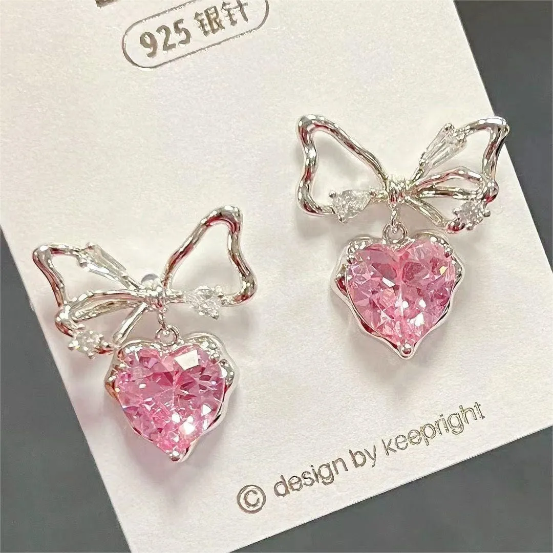 Pink Crystal Bowknot Heart Dangle Earrings