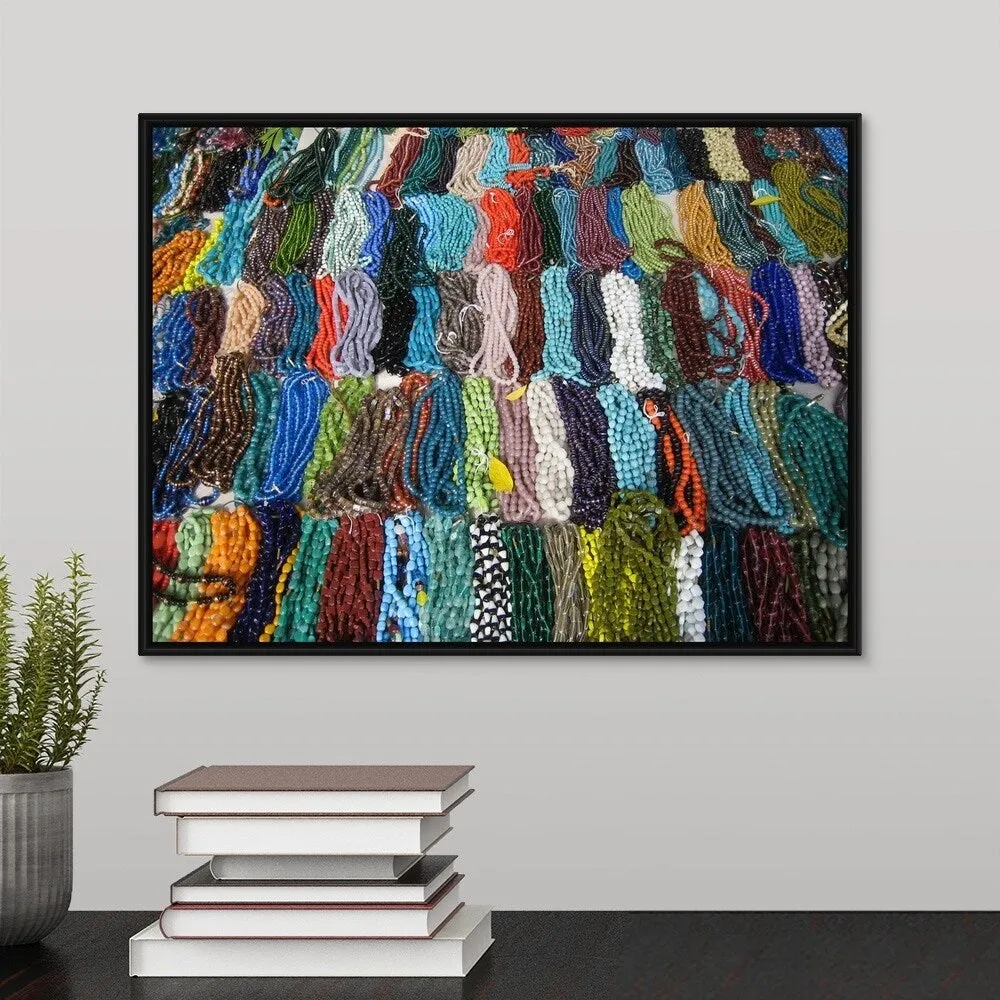 "Colorful necklaces made of artificial gems, beads and stones for sale, Chenna" Black Float Frame Canvas Art
