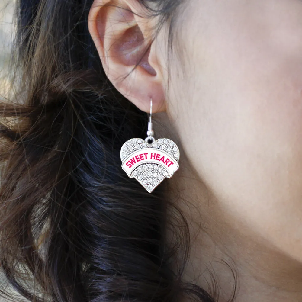 Silver Sweet Heart White Candy Pave Heart Charm Dangle Earrings