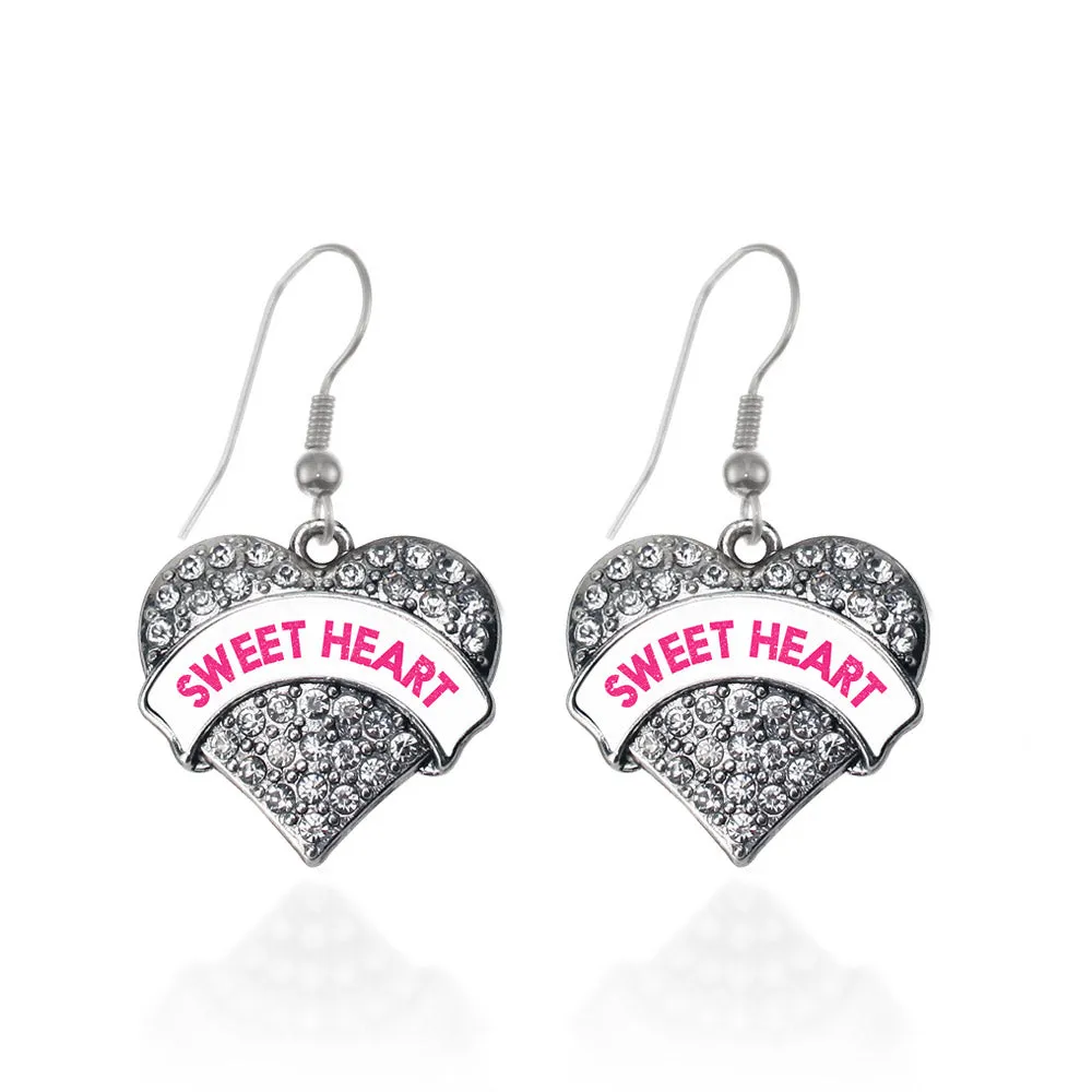 Silver Sweet Heart White Candy Pave Heart Charm Dangle Earrings