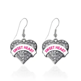 Silver Sweet Heart White Candy Pave Heart Charm Dangle Earrings