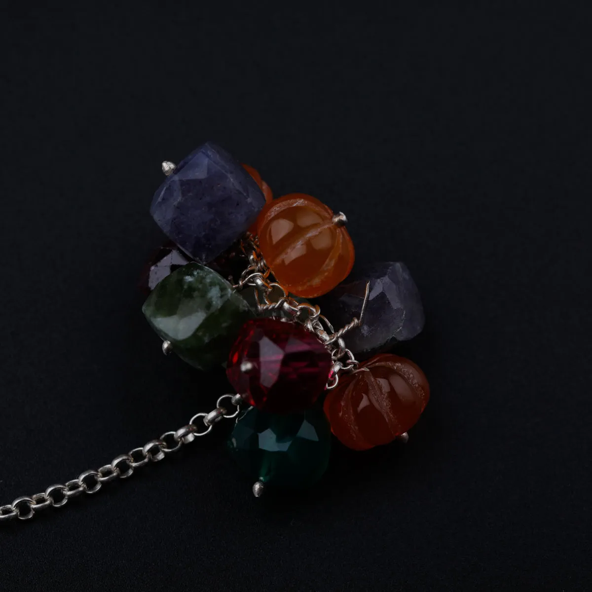 Silver Tie & Wear Necklace with Multicolor Semi-Precious Stones and Silver Beads