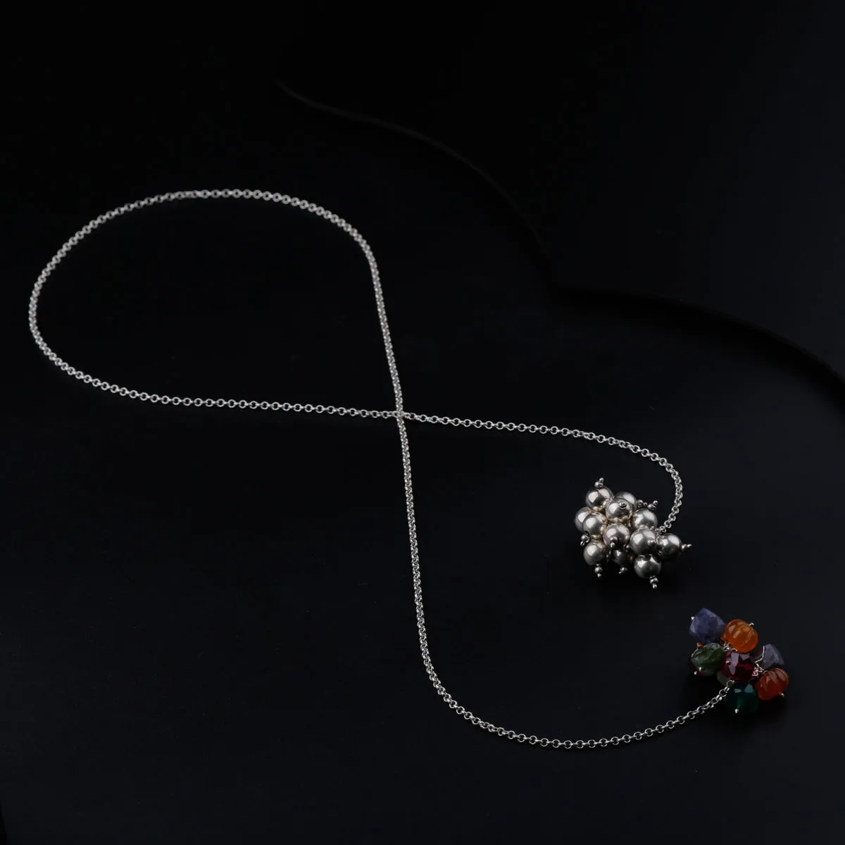 Silver Tie & Wear Necklace with Multicolor Semi-Precious Stones and Silver Beads