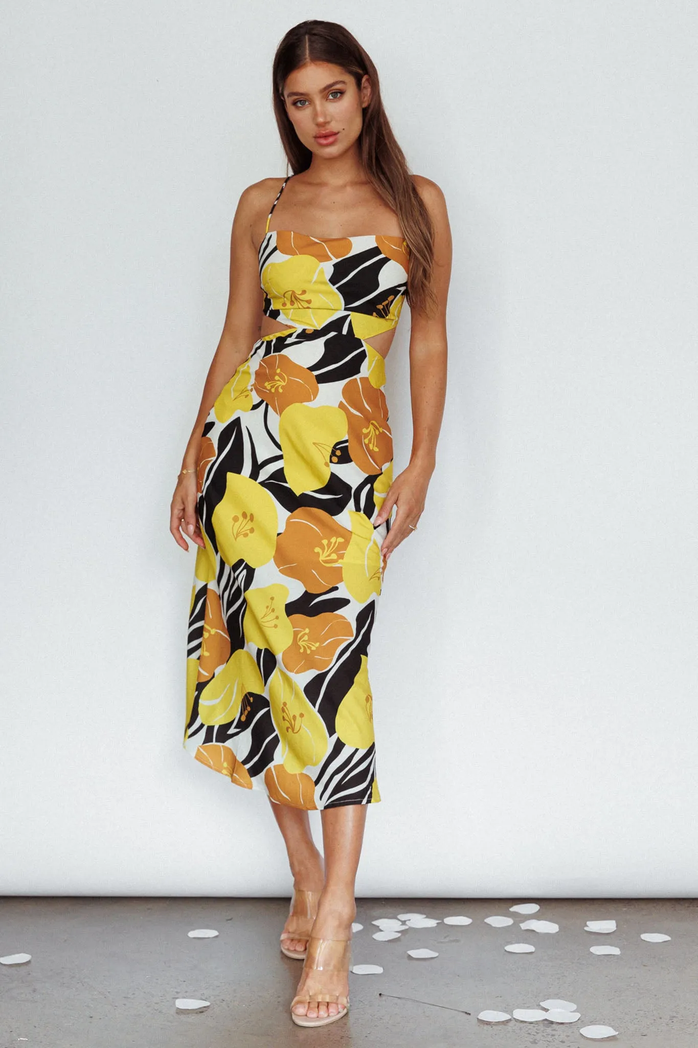 Sunday Bliss Tie-Up Back Cowl Neck Midi Dress Flower Yellow