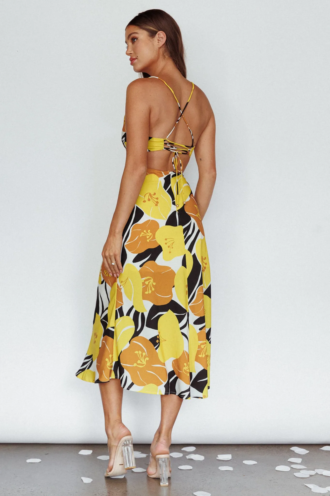 Sunday Bliss Tie-Up Back Cowl Neck Midi Dress Flower Yellow