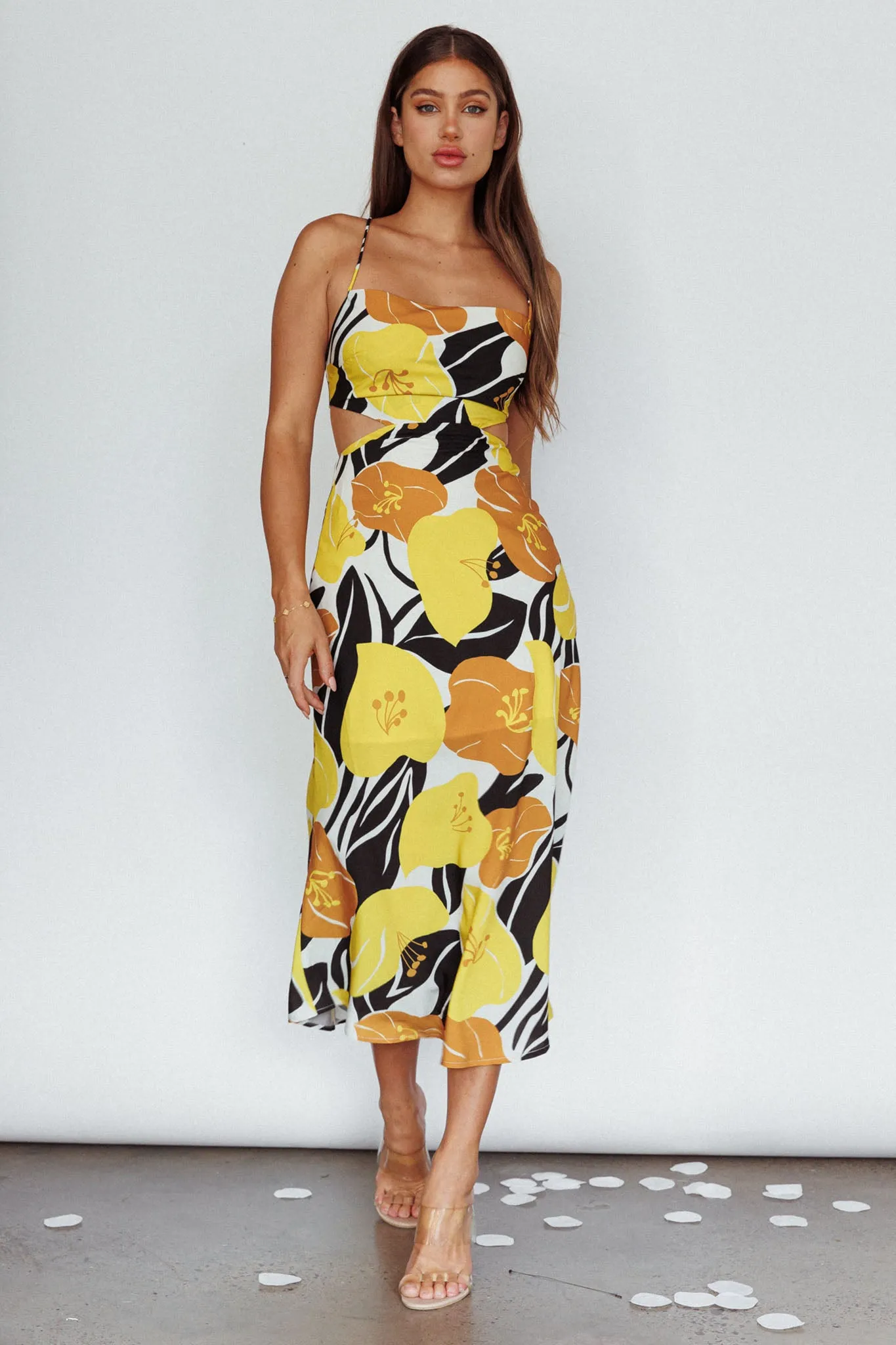 Sunday Bliss Tie-Up Back Cowl Neck Midi Dress Flower Yellow