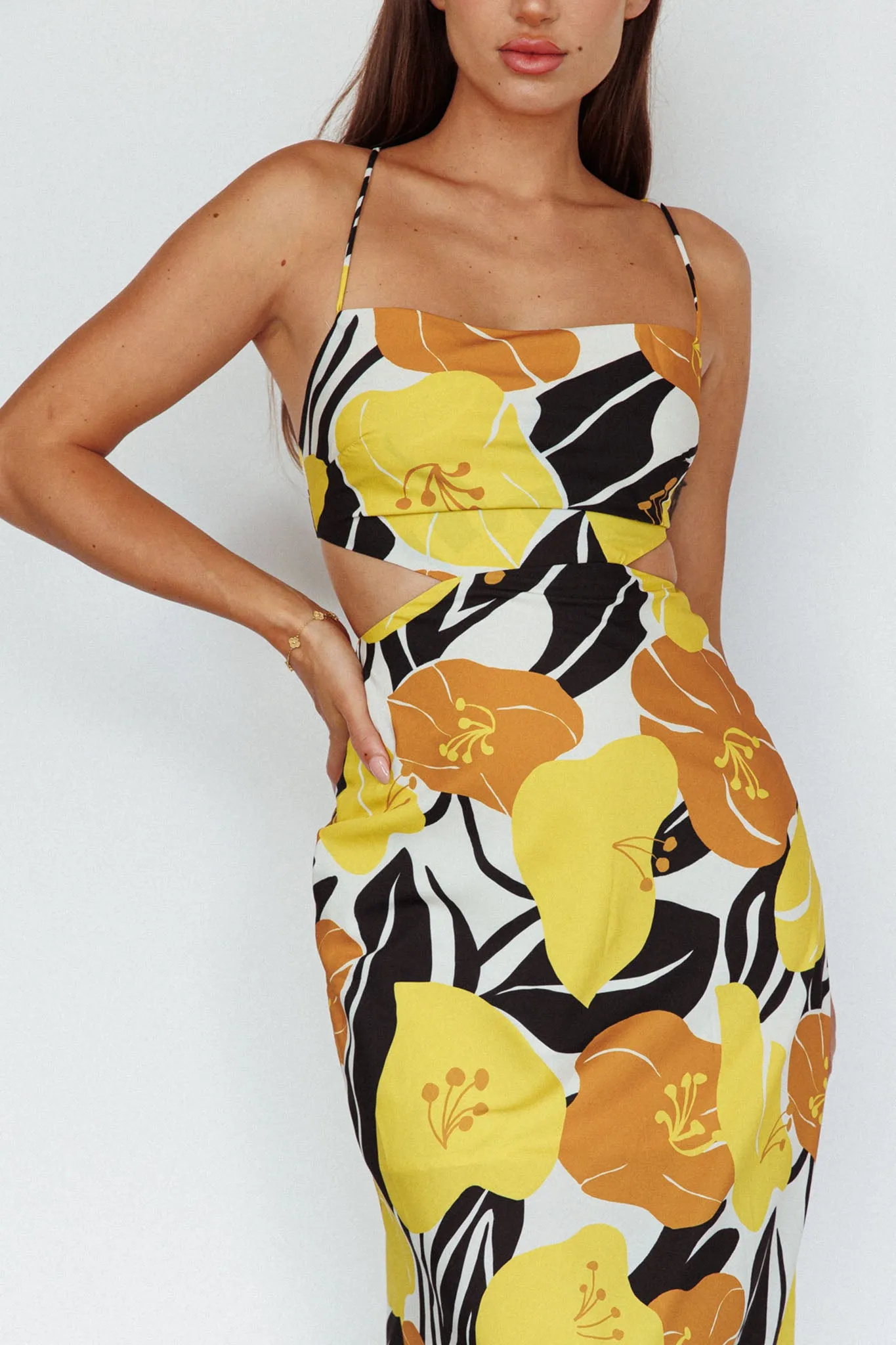 Sunday Bliss Tie-Up Back Cowl Neck Midi Dress Flower Yellow