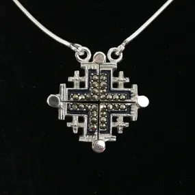 Two-Way Dark Blue Magnetic Jerusalem Cross Necklace with Gemstones