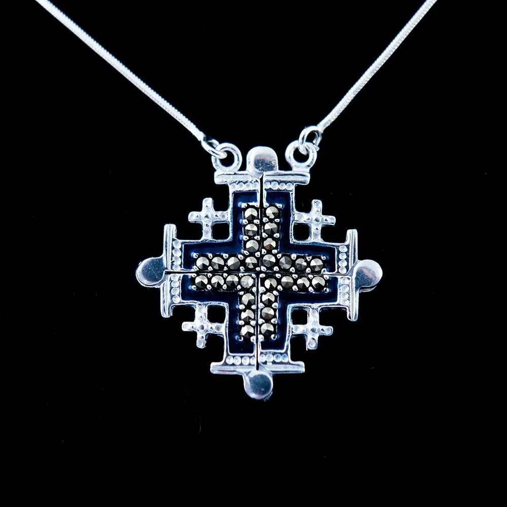 Two-Way Dark Blue Magnetic Jerusalem Cross Necklace
