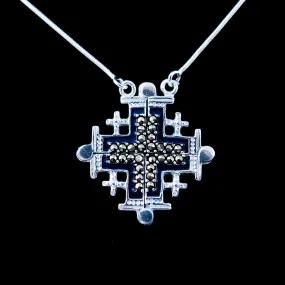 Two-Way Dark Blue Magnetic Jerusalem Cross Necklace