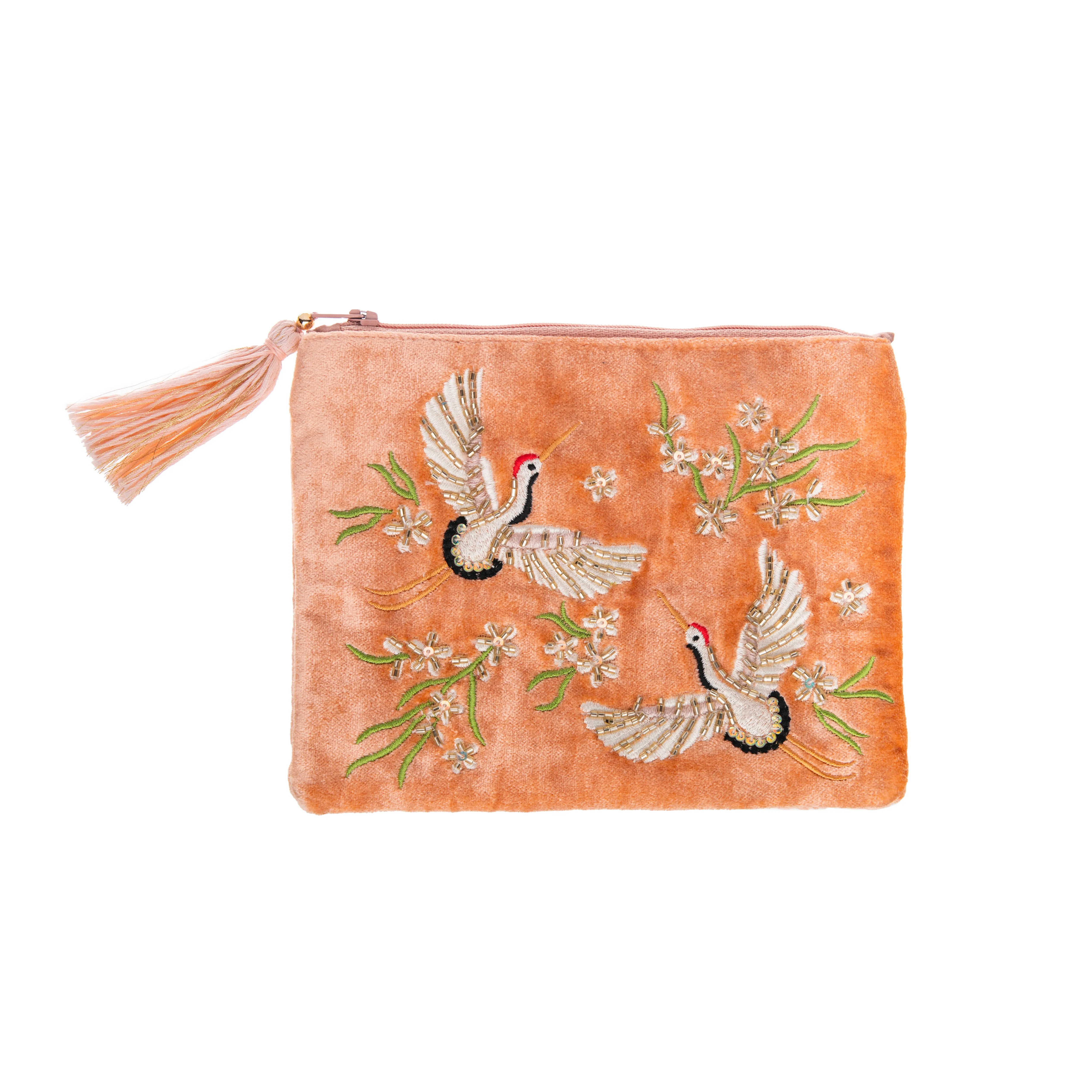 VELVET ZIP PURSE WITH EMBELLISHED HERON