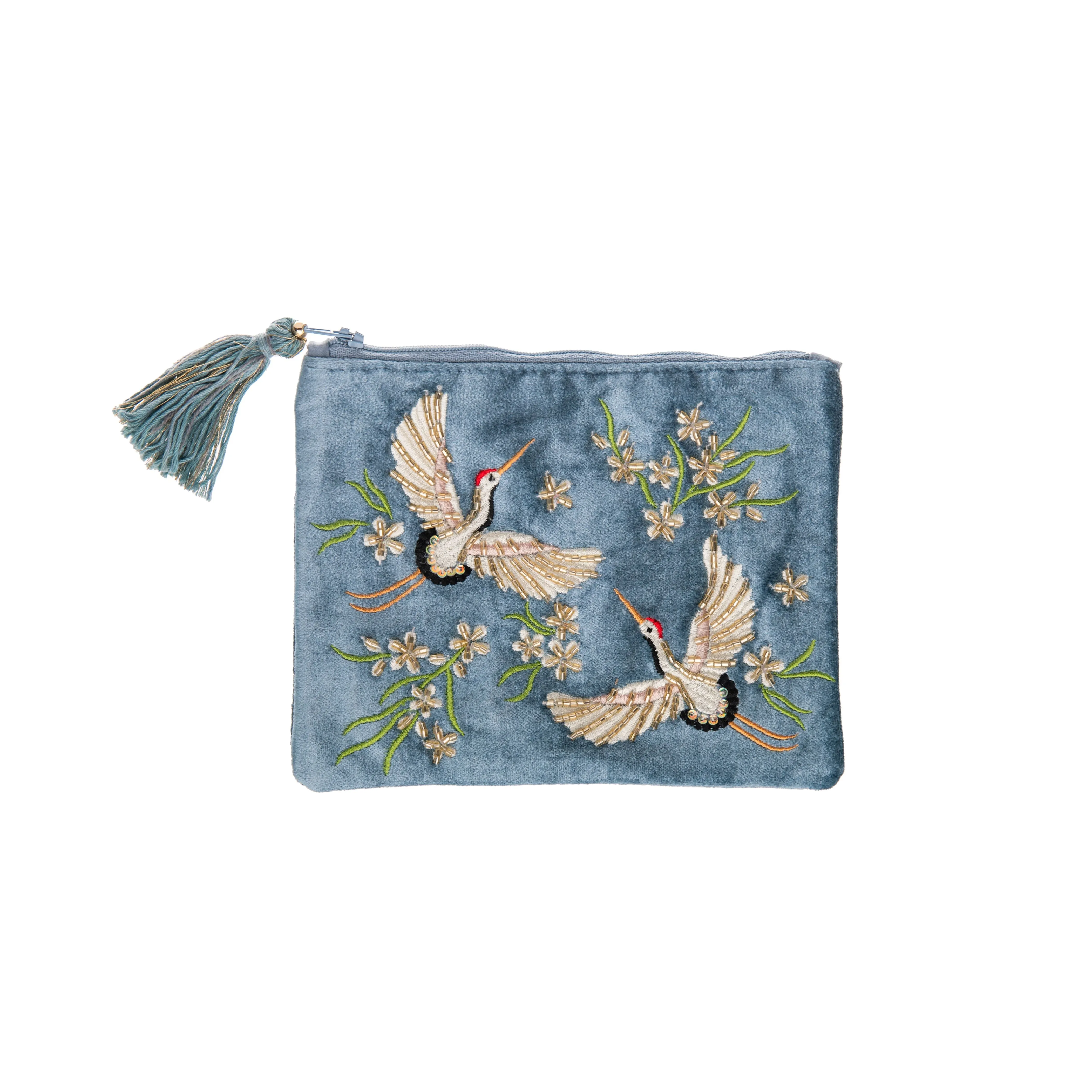 VELVET ZIP PURSE WITH EMBELLISHED HERON