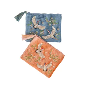 VELVET ZIP PURSE WITH EMBELLISHED HERON