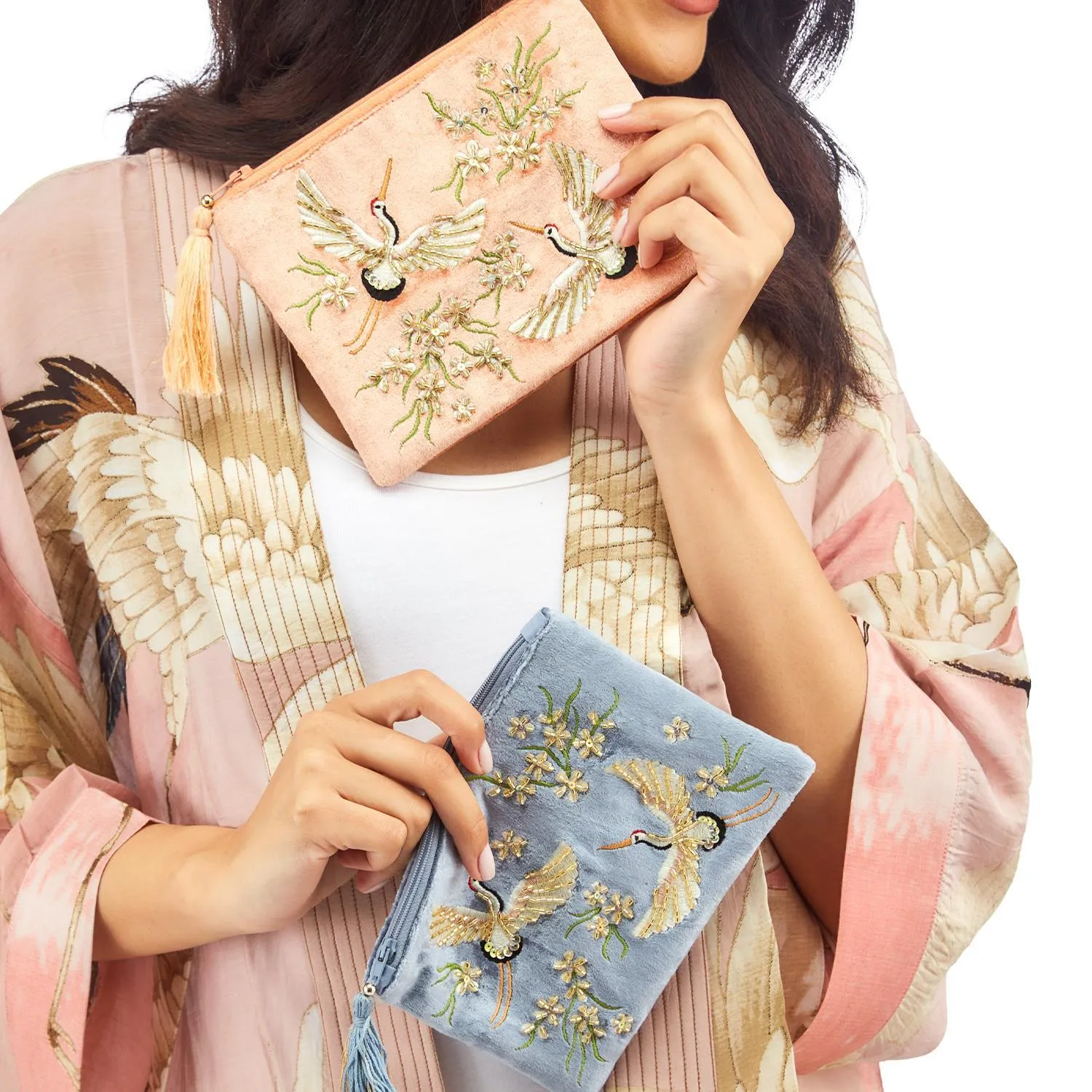 VELVET ZIP PURSE WITH EMBELLISHED HERON