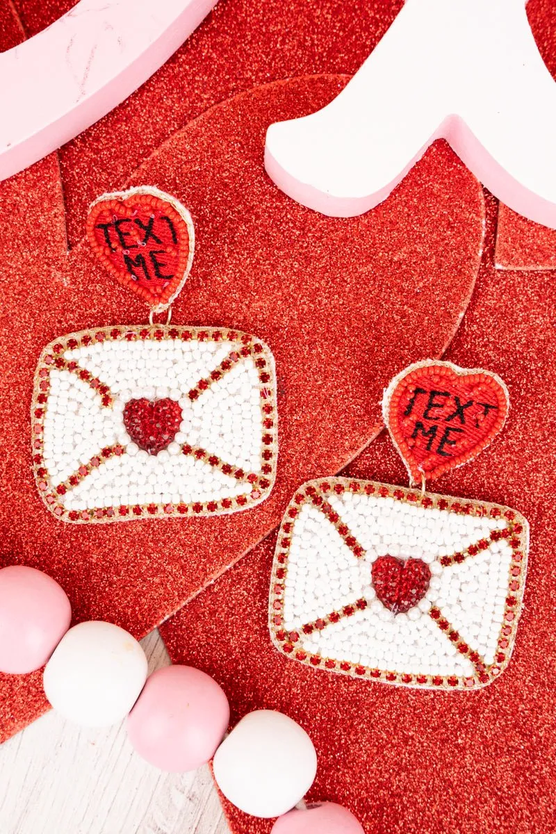 Viola Red 'Text Me' Seed Bead Love Note Earrings