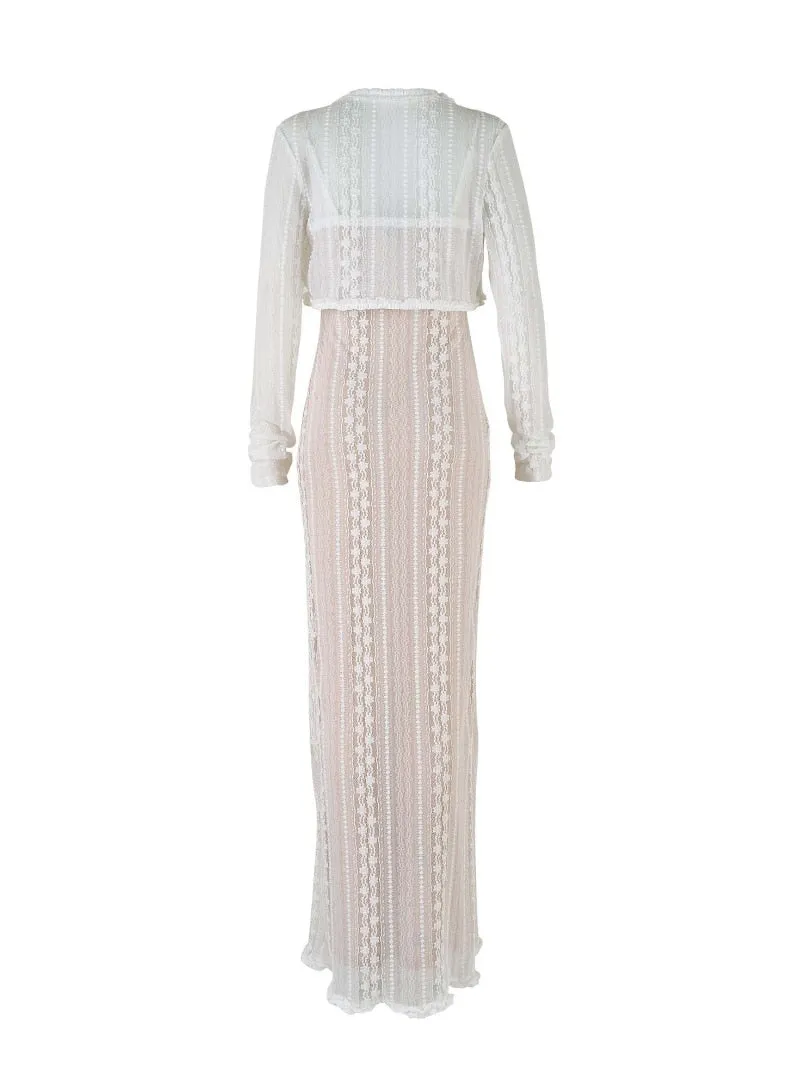 White Lace Mesh Layered Graceful Long Sleeve Maxi Dress